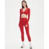 imageSUUKSESS Women 2 Piece Workout Sets Long Sleeve Twist Deep V Crop Padded Tops Yoga Leggings with Side PocketsRed