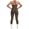 imageSUUKSESS Women 2 Piece Workout Sets Compression Tummy Control Leggings with Pockets Halter Built in Bra Tank TopsBrown