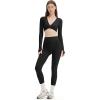 imageSUUKSESS Women 2 Piece Workout Sets Long Sleeve Twist Deep V Crop Padded Tops Yoga Leggings with Side PocketsBlack