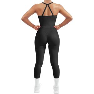 imageSUUKSESS Women 2 Piece Workout Sets Compression Tummy Control Leggings with Pockets Halter Built in Bra Tank TopsBlack