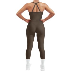 imageSUUKSESS Women 2 Piece Workout Sets Compression Tummy Control Leggings with Pockets Halter Built in Bra Tank TopsBrown