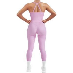 imageSUUKSESS Women 2 Piece Workout Sets Compression Tummy Control Leggings with Pockets Halter Built in Bra Tank TopsLight Pink