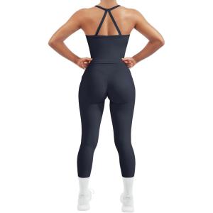 imageSUUKSESS Women 2 Piece Workout Sets Compression Tummy Control Leggings with Pockets Halter Built in Bra Tank TopsNavy Blue