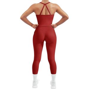 imageSUUKSESS Women 2 Piece Workout Sets Compression Tummy Control Leggings with Pockets Halter Built in Bra Tank TopsRed