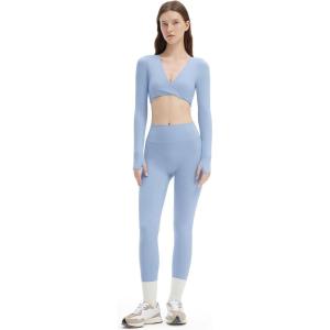 imageSUUKSESS Women 2 Piece Workout Sets Long Sleeve Twist Deep V Crop Padded Tops Yoga Leggings with Side PocketsBaby Blue