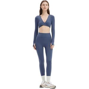 imageSUUKSESS Women 2 Piece Workout Sets Long Sleeve Twist Deep V Crop Padded Tops Yoga Leggings with Side PocketsDark Blue