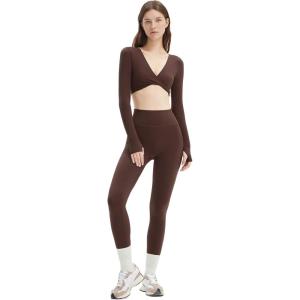 imageSUUKSESS Women 2 Piece Workout Sets Long Sleeve Twist Deep V Crop Padded Tops Yoga Leggings with Side PocketsDark Brown