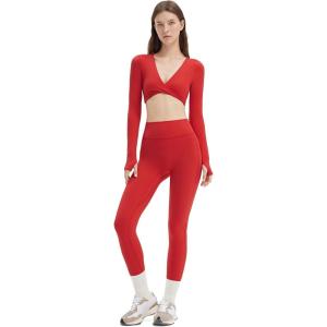 imageSUUKSESS Women 2 Piece Workout Sets Long Sleeve Twist Deep V Crop Padded Tops Yoga Leggings with Side PocketsRed