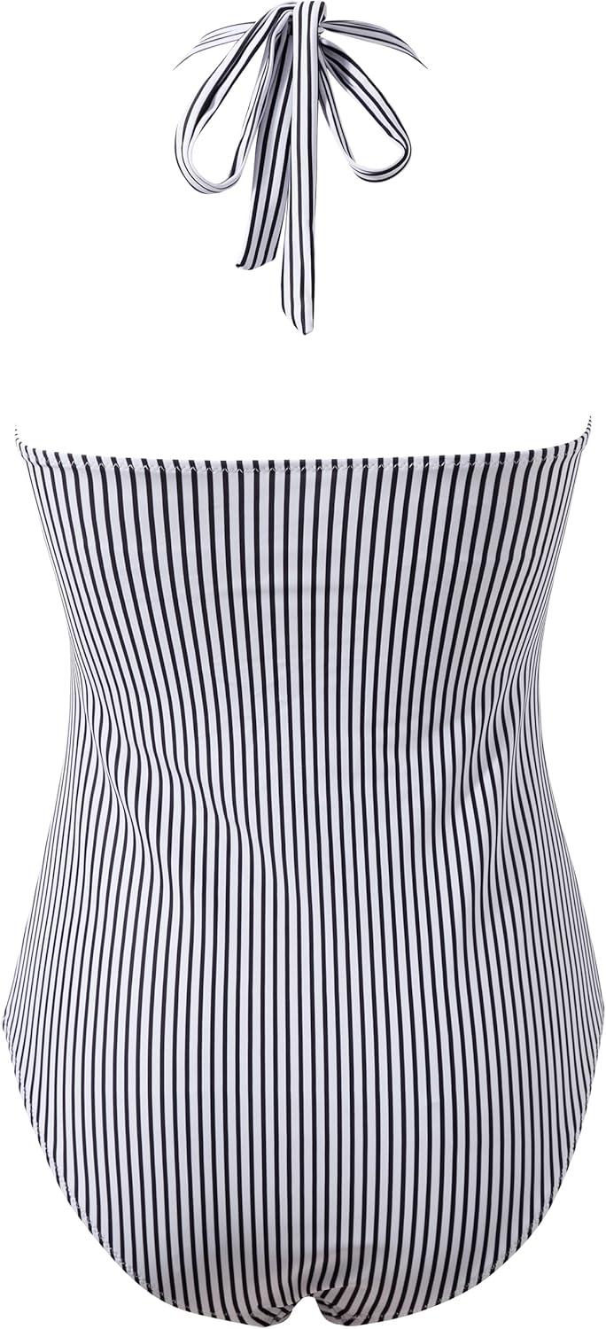 imageSUUKSESS Women Sexy Halter One Piece Swimsuits Ruffle Tummy Control Bathing Suit1 White Black Striped