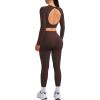 imageSUUKSESS Women 2 Piece Open Back Seamless Workout Sets Scrunch Booty Gym Leggings Built in Bra Crop Yoga TopBrown