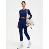 imageSUUKSESS Women 2 Piece Open Back Seamless Workout Sets Scrunch Booty Gym Leggings Built in Bra Crop Yoga TopNavy Blue