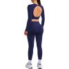 imageSUUKSESS Women 2 Piece Open Back Seamless Workout Sets Scrunch Booty Gym Leggings Built in Bra Crop Yoga TopNavy Blue