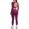 imageSUUKSESS Women 2 Piece Open Back Seamless Workout Sets Scrunch Booty Gym Leggings Built in Bra Crop Yoga TopPurple
