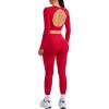 imageSUUKSESS Women 2 Piece Open Back Seamless Workout Sets Scrunch Booty Gym Leggings Built in Bra Crop Yoga TopRed