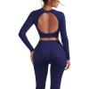 imageSUUKSESS Women 2 Piece Open Back Seamless Workout Sets Scrunch Booty Gym Leggings Built in Bra Crop Yoga TopNavy Blue