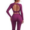 imageSUUKSESS Women 2 Piece Open Back Seamless Workout Sets Scrunch Booty Gym Leggings Built in Bra Crop Yoga TopPurple