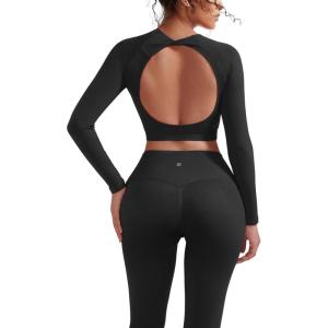 imageSUUKSESS Women 2 Piece Open Back Seamless Workout Sets Scrunch Booty Gym Leggings Built in Bra Crop Yoga TopBlack