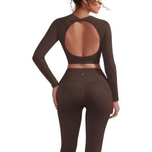 imageSUUKSESS Women 2 Piece Open Back Seamless Workout Sets Scrunch Booty Gym Leggings Built in Bra Crop Yoga TopBrown