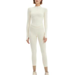 imageSUUKSESS Workout Sets for Women 2 Piece Seamless Long Sleeve Yoga Outfits Active Leggings Half Zippy Jacket Gym SetApricot