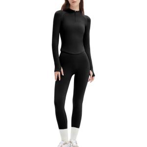 imageSUUKSESS Workout Sets for Women 2 Piece Seamless Long Sleeve Yoga Outfits Active Leggings Half Zippy Jacket Gym SetBlack