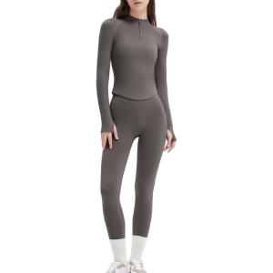 imageSUUKSESS Workout Sets for Women 2 Piece Seamless Long Sleeve Yoga Outfits Active Leggings Half Zippy Jacket Gym SetGrey