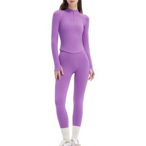 imageSUUKSESS Workout Sets for Women 2 Piece Seamless Long Sleeve Yoga Outfits Active Leggings Half Zippy Jacket Gym SetPurple