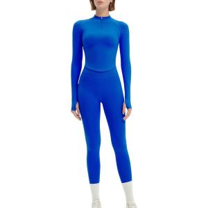 imageSUUKSESS Workout Sets for Women 2 Piece Seamless Long Sleeve Yoga Outfits Active Leggings Half Zippy Jacket Gym SetRoyal Blue