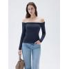 imageSUUKSESS Women Padded Off The Shoulder Tops Double Lined Going Out Fitted Basic Fall ShirtsNavy Blue