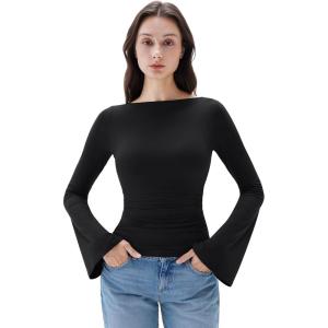 imageSUUKSESS Women Crew Neck Bell Sleeve Tops Double Lined Going Out Fitted Basic T Shirts01 Black