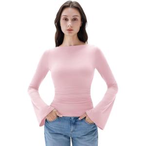 imageSUUKSESS Women Crew Neck Bell Sleeve Tops Double Lined Going Out Fitted Basic T ShirtsBaby Pink