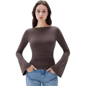 imageSUUKSESS Women Crew Neck Bell Sleeve Tops Double Lined Going Out Fitted Basic T ShirtsBrown