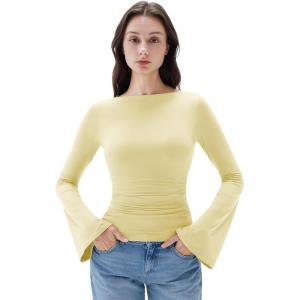 imageSUUKSESS Women Crew Neck Bell Sleeve Tops Double Lined Going Out Fitted Basic T ShirtsButter Yellow