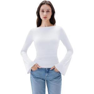 image:imageSUUKSESS Women Crew Neck Bell Sleeve Tops Double Lined Going Out Fitted Basic T ShirtsSnow White