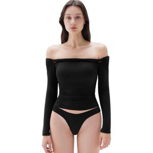 imageSUUKSESS Women Padded Off The Shoulder Tops Double Lined Going Out Fitted Basic Fall Shirts01 Black