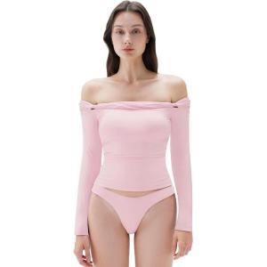 imageSUUKSESS Women Padded Off The Shoulder Tops Double Lined Going Out Fitted Basic Fall ShirtsBaby Pink