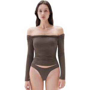 imageSUUKSESS Women Padded Off The Shoulder Tops Double Lined Going Out Fitted Basic Fall ShirtsBrown
