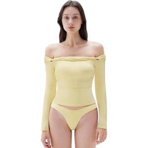 imageSUUKSESS Women Padded Off The Shoulder Tops Double Lined Going Out Fitted Basic Fall ShirtsButter Yellow