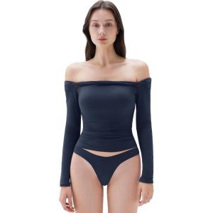 imageSUUKSESS Women Padded Off The Shoulder Tops Double Lined Going Out Fitted Basic Fall ShirtsNavy Blue