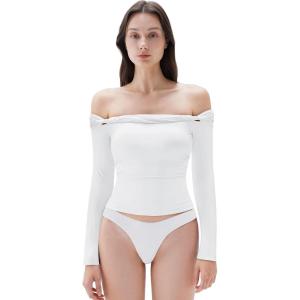imageSUUKSESS Women Padded Off The Shoulder Tops Double Lined Going Out Fitted Basic Fall ShirtsSnow White