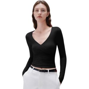 imageSUUKSESS Women Sexy V Neck Long Sleeve Shirts Double Lined Wrap Going Out TopsBlack