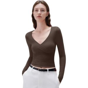 imageSUUKSESS Women Sexy V Neck Long Sleeve Shirts Double Lined Wrap Going Out TopsBrown