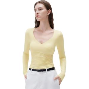 imageSUUKSESS Women Sexy V Neck Long Sleeve Shirts Double Lined Wrap Going Out TopsButter Yellow