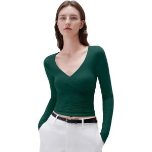 imageSUUKSESS Women Sexy V Neck Long Sleeve Shirts Double Lined Wrap Going Out TopsDark Green
