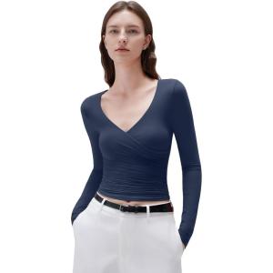 imageSUUKSESS Women Sexy V Neck Long Sleeve Shirts Double Lined Wrap Going Out TopsNavy Blue