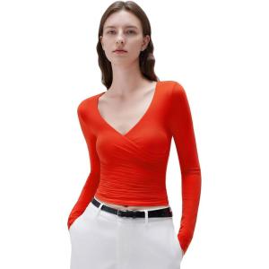imageSUUKSESS Women Sexy V Neck Long Sleeve Shirts Double Lined Wrap Going Out TopsRed