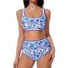 imageSUUKSESS Women High Waisted Bikini Set Floral Print Color Block 2 Piece Swimsuit148 Blue Floral