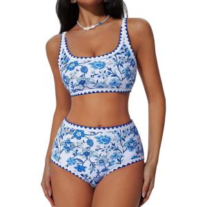 imageSUUKSESS Women High Waisted Bikini Set Floral Print Color Block 2 Piece Swimsuit148 Blue Floral