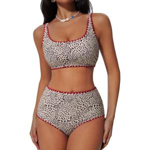 imageSUUKSESS Women High Waisted Bikini Set Floral Print Color Block 2 Piece Swimsuit148 Leopard Red