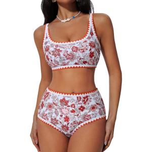 imageSUUKSESS Women High Waisted Bikini Set Floral Print Color Block 2 Piece Swimsuit148 Orange Floral