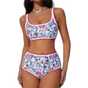imageSUUKSESS Women High Waisted Bikini Set Floral Print Color Block 2 Piece Swimsuit148 Red Floral